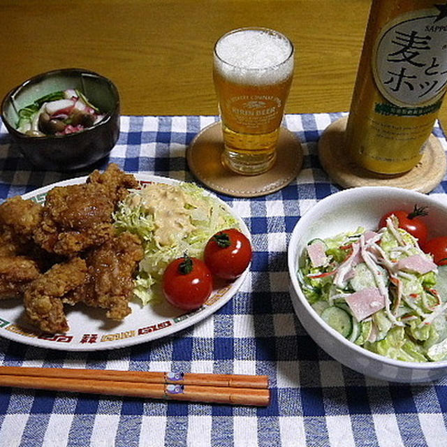 【晩酌】鶏の竜田揚げ・レタスのサラダ・さけのあら焼き…