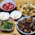 長崎県五島産サバの竜田揚げ、自家栽培コマツナの漬け物ほか。