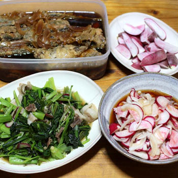 自家栽培コマツナとハツカダイコンの葉・豚肉の炒めもの、ハツカダイコンとタマネギの三杯酢漬けほか。