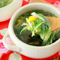 3分！水菜とコーンの中華風スープ・簡単　時短　作り置き　節約　レシピ　
