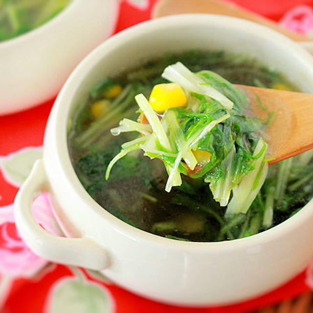 3分！水菜とコーンの中華風スープ・簡単　時短　作り置き　節約　レシピ　