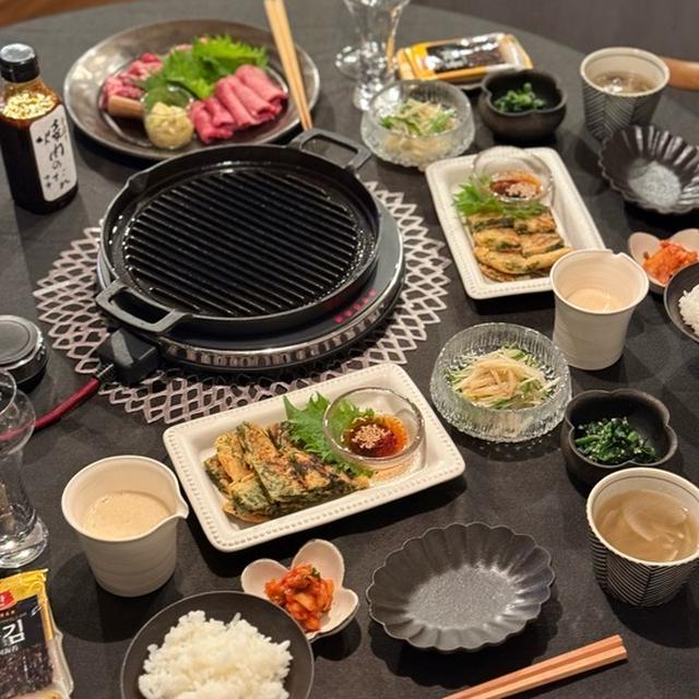 おうち焼肉とにんじんの葉のチヂミとかの夜ごはん