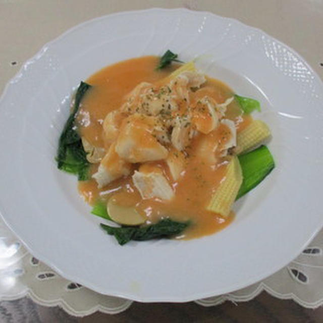 鶏ささみと青梗菜の明太クリームがけ★★★