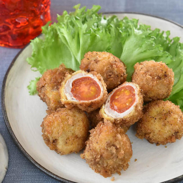 まんまるかわいい♪コロコロジューシー！豚肉とミニトマトの包み揚げ