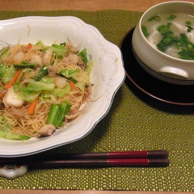 旦那さん作『焼きビーフン』の晩ご飯　と　紫陽花の花３種♪