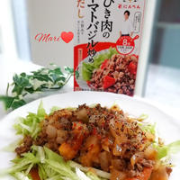 にんべん　だしとスパイスの魔法シリーズひき肉のトマトバジル炒め、アイス。
