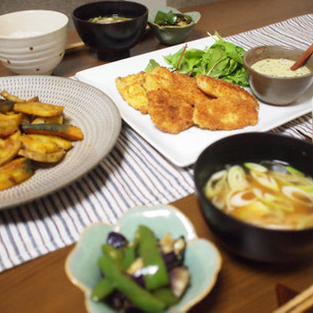 タラのフライと焼き野菜サラダと茄子とピーマンの塩昆布蒸し