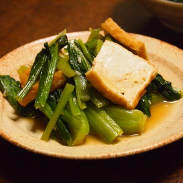 小松菜と厚揚げの塩糀煮浸し　黒酢風味