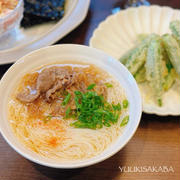 牛丼をたっぷり作って、具材をそうめんに活用で、おいしい一杯！あっさりかけ汁の、牛肉そうめん！