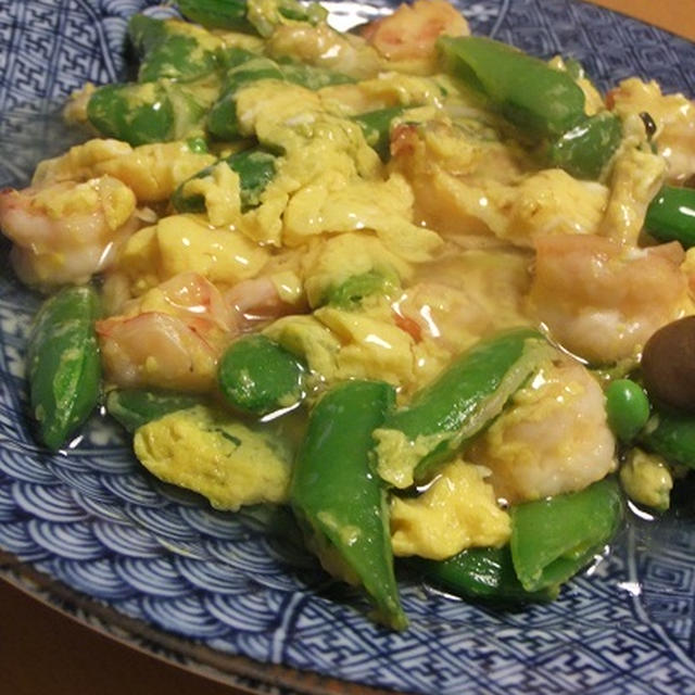 スナップエンドウとエビのあんかけ和風スクランブル