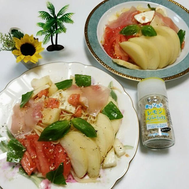 桃の冷製パスタ♡　香りソルト　レモンペパーミックス