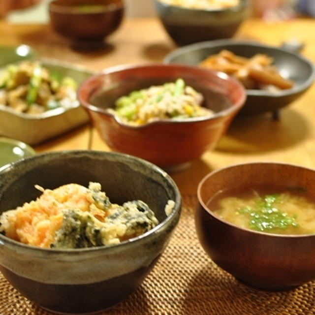 小海老の塩天丼の晩ごはんとバームクーヘン