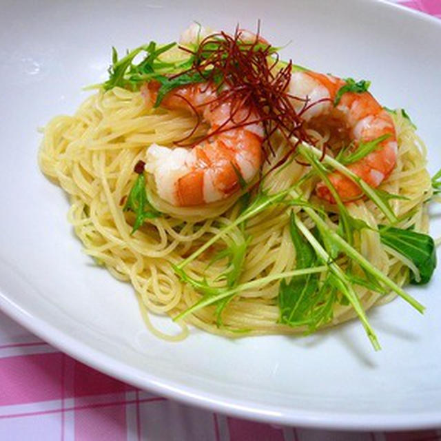 海老と水菜のスパゲッティ
