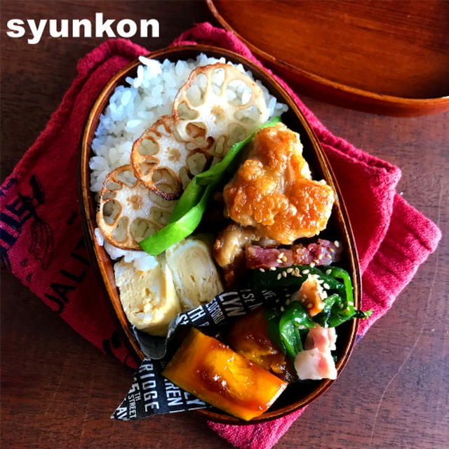 【おべんとう】鶏のカリカリ醤油焼きとレンジでかぼちゃ煮弁当
