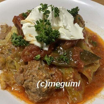 キャベツひき肉挟みトマト煮込み＆アスパラの豚肉巻きマヨ焼き
