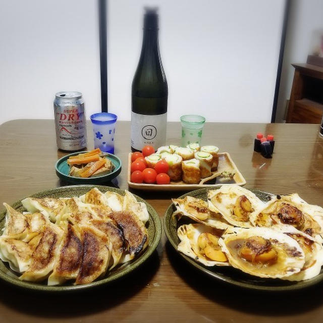 【家飲み/日本酒】 日日 山田錦　* 餃子王の焼き餃子と ホタテバター醤油焼き