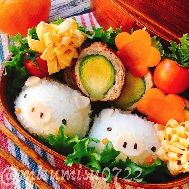 【キャラ弁】豚さんおにぎりと芽キャベツ肉巻き