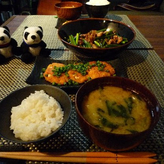 豚とにんにくの芽炒め＆豆腐のからし焼き献立