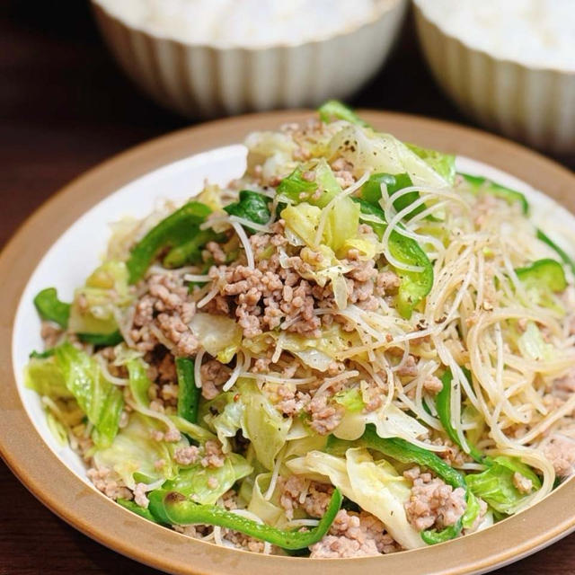 一皿で大満足！ご飯に乗せても美味しい♪生姜香る「ひき肉とキャベツたっぷり焼きビーフン」レシピ