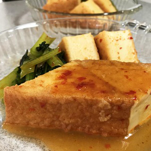 厚揚げの豆板醤煮＆豚しゃぶの汁で喜多方ラーメン♪