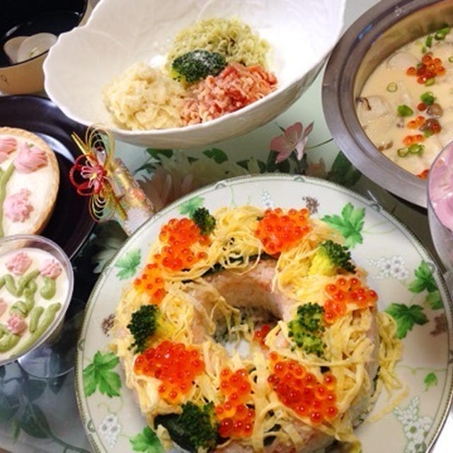お雛祭りパーティー☆３段雛ちらし レアチーズタルト 松茸の茶碗蒸しに３色パスタ