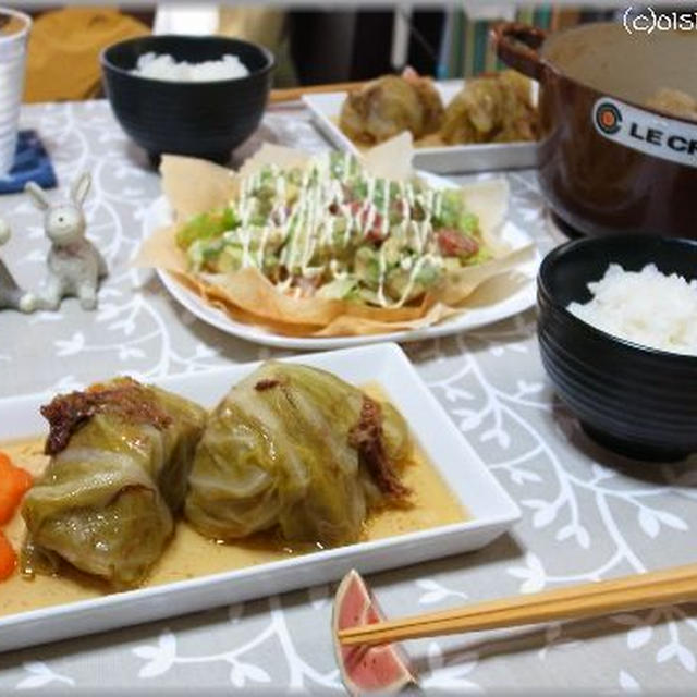 おうちランチ☆ルクルーゼでde和風ロールキャベツ＆器も食べれるサラダ♪