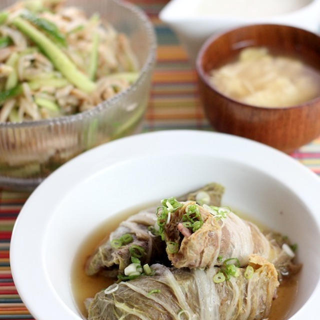 白菜のくるくる煮、ハムもやし胡瓜の中華サラダ