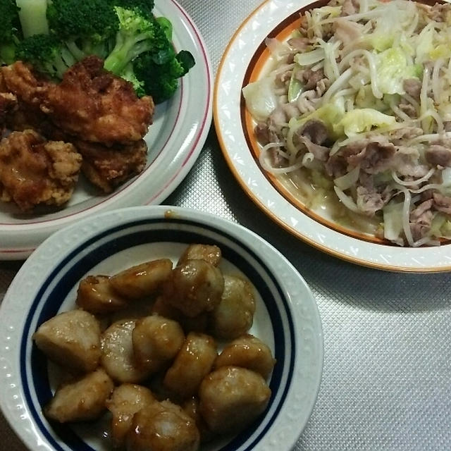 夕食(唐揚げ、肉野菜炒め)