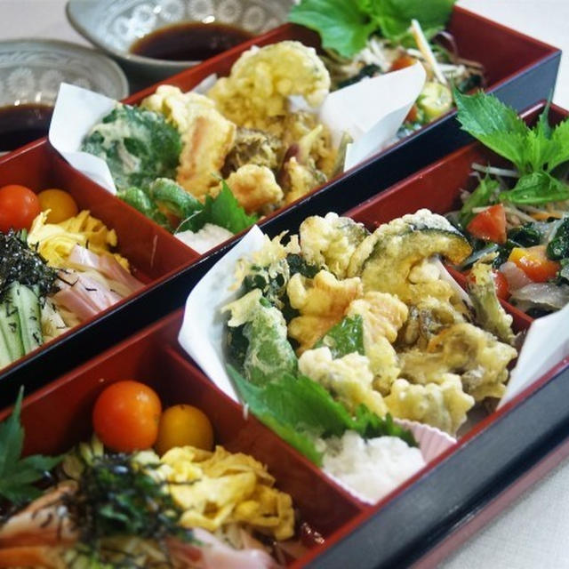 ■お盆３日目のおもてなし料理【冷やし中華／野菜とキノコの天婦羅／海藻とトマトのサラダ】