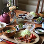 ポークチャップ定食。さばと野沢菜のふりかけ（レシピ）。金柑の甘露煮。