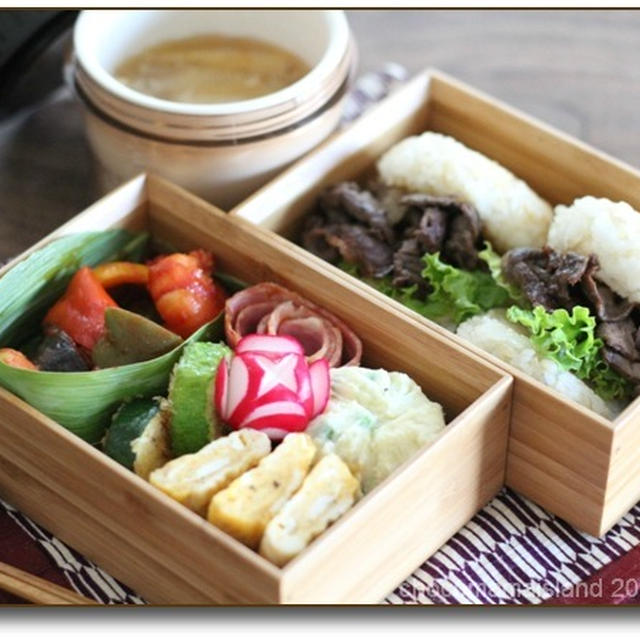 今日のお弁当（焼肉ライスバーガー風弁当）