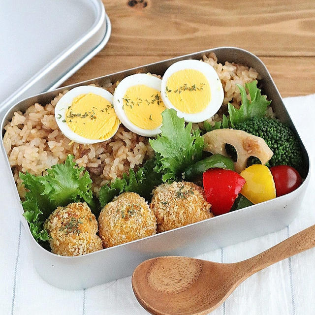 【#高校生弁当】かぼちゃコロッケ＆バターライス弁当♪