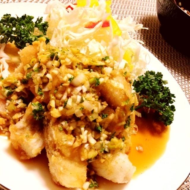 鱈の唐揚げ〜♪香味ソースをかけてo(^▽^)o