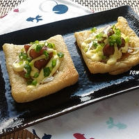 パパッと１品♪トースターで簡単！焼き鳥缶の油揚げピザ