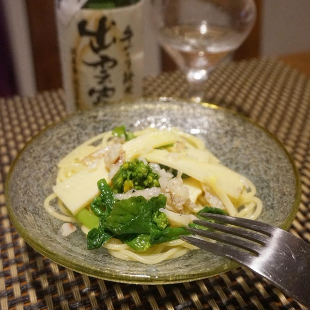 島根大田市一日漁の鰈の干物でパスタを２種、菜の花と鰈の冷製パスタ、鰈と菜の花のクリームパスタ