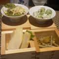 筍蕗しめ、うどと筍姫皮の塩ポン酢和え、筍と菜の花の蕗蒸寿司