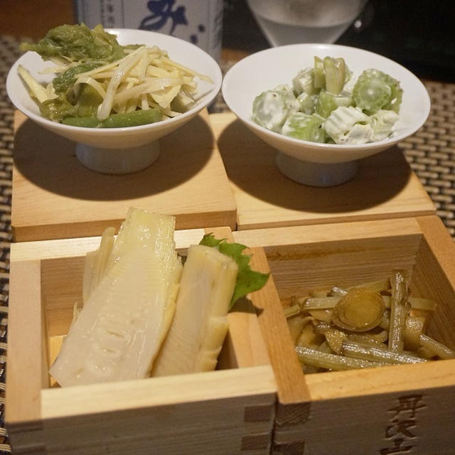 筍蕗しめ、うどと筍姫皮の塩ポン酢和え、筍と菜の花の蕗蒸寿司