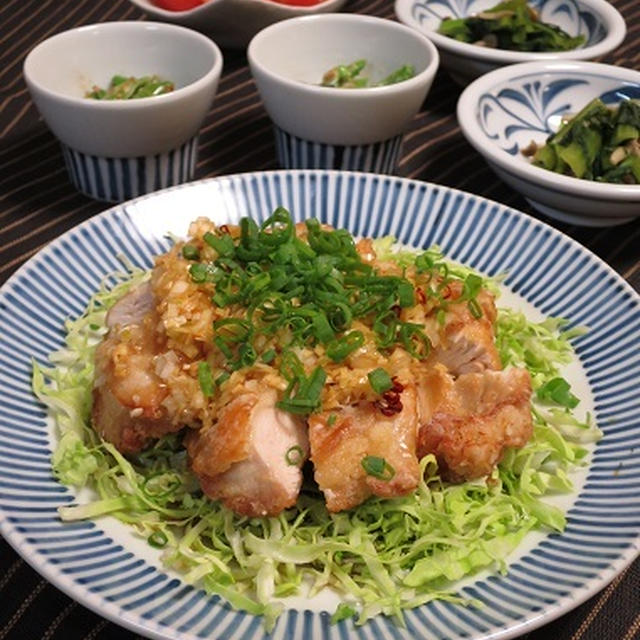 むね肉の油琳鶏とスナップエンドウの胡麻マヨ和え