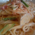 『ドイツウィンナーとアスパラと海老のパスタ』