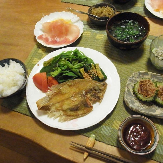 カレイの唐揚＆ゴーヤバーグの晩ご飯　と　スパムにぎり弁当♪