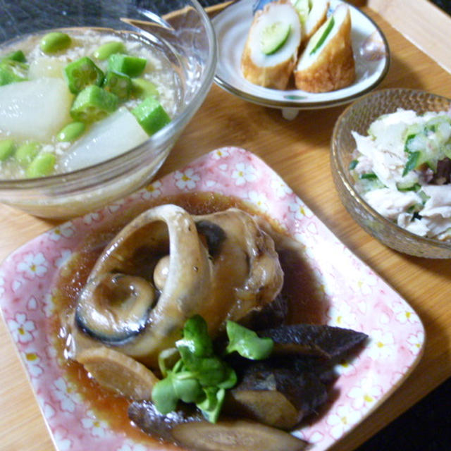 マグロの目玉の煮つけと冬瓜の鶏ひき肉あんの献立　夕ご飯
