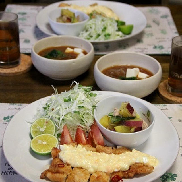チキン南蛮でワンプレート。プチタルトのスイートポテト。