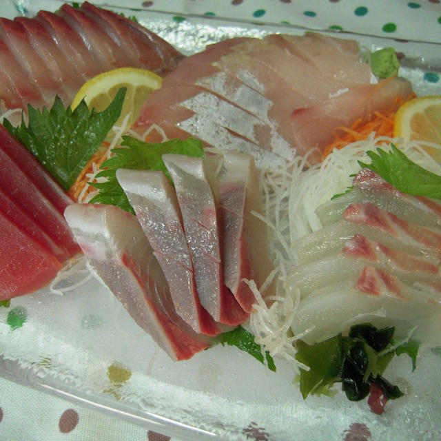 カンパチ、ヒラソ、タイ、マグロのお刺身と握り寿司