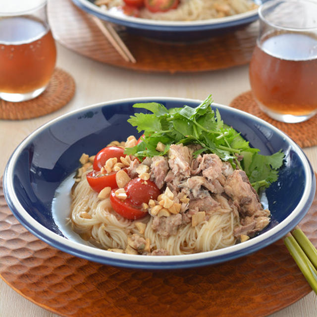 ポン酢で簡単！冷やし中華風そうめん。【そうめんはゆで蒸らし・火を使わない具】