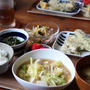 春キャベツと豆腐のとろみ煮。ささみの磯辺揚げ、ねぎ塩レモン。