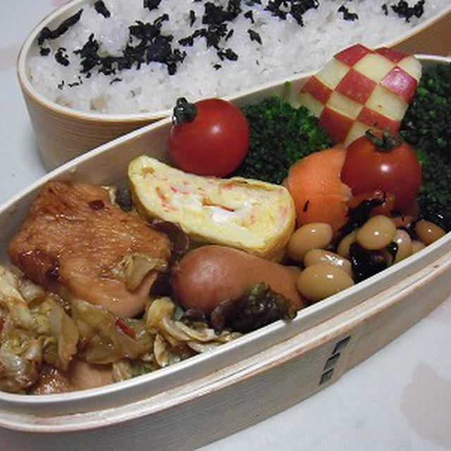 鶏肉とキャベツの甘辛炒め弁当。狭いところで眠るきなこ