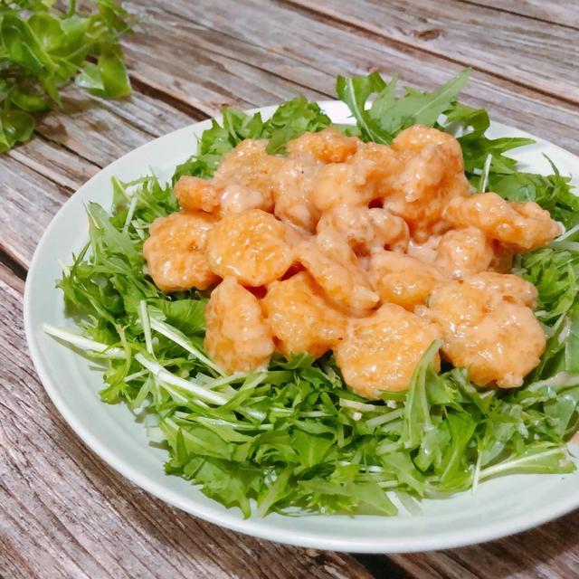 野菜がたっぷり食べられるエビマヨ　ぷりぷりエビマヨ　タレが美味しい