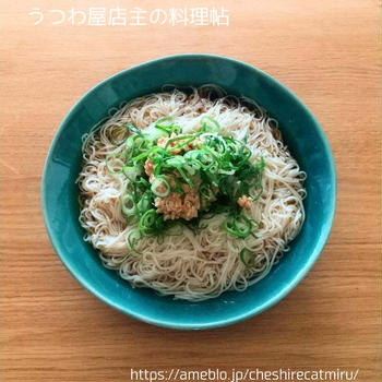 ある日のお昼ごはん【納豆とネギのぶっかけ素麺】