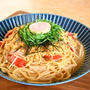 ワンパンたぬきパスタ。揚げ玉(天かす)が味のポイント。フライパンひとつで超簡単和風パスタ。