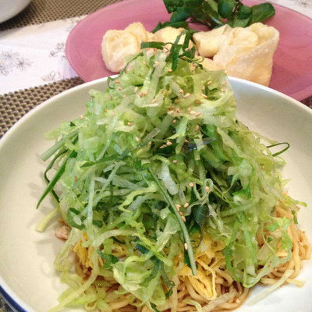 マルちゃん製麺で作る「刻み野菜いっぱいの冷麺」と「チーズ揚げ」。